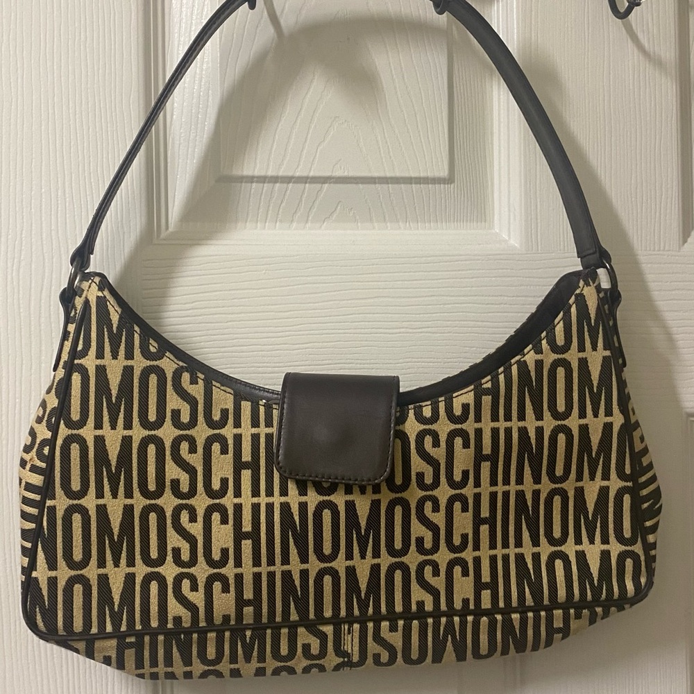 Moschino Logo Print Shoulder Bag in Black and Tan